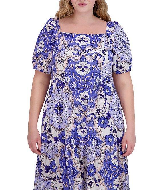 Vince Camuto Plus Size Square Neck Short Puff Sleeve A-Line Midi Dress Product Image
