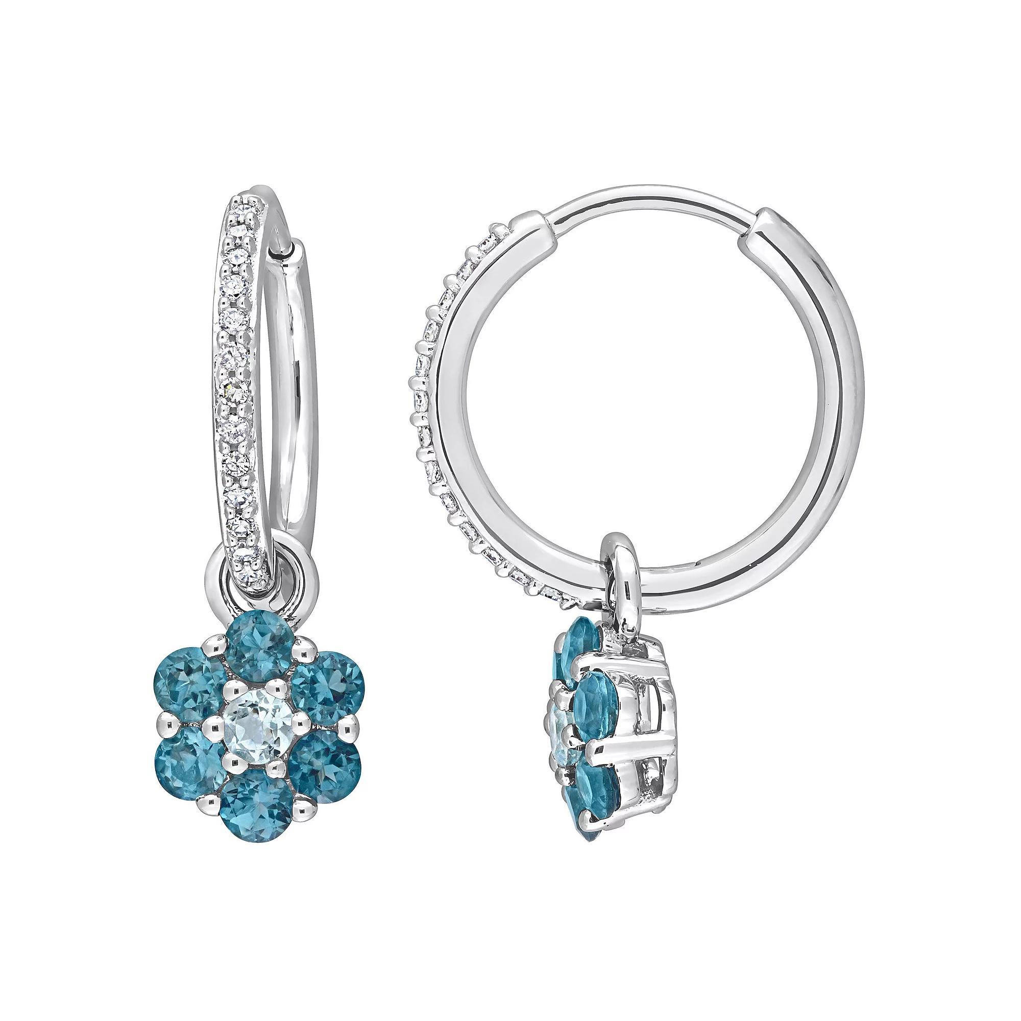 Stella Grace 10k White Gold Blue Topaz & 1/8 Carat T.W. Diamond Floral Huggie Earrings, Women's, 10k Whgold Product Image