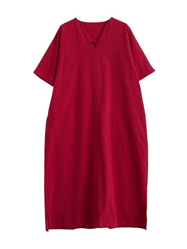 A-Line Loose Chinese Frog Buttons Pockets Solid Color Split-Side V-Neck Midi Dresses Product Image