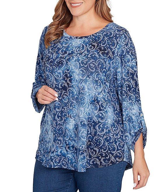 Ruby Rd. Plus Size Textured Knit Tie-Dye Scroll Floral Burnout Boat Neck 3/4 Roll-Tab Sleeve Top Product Image
