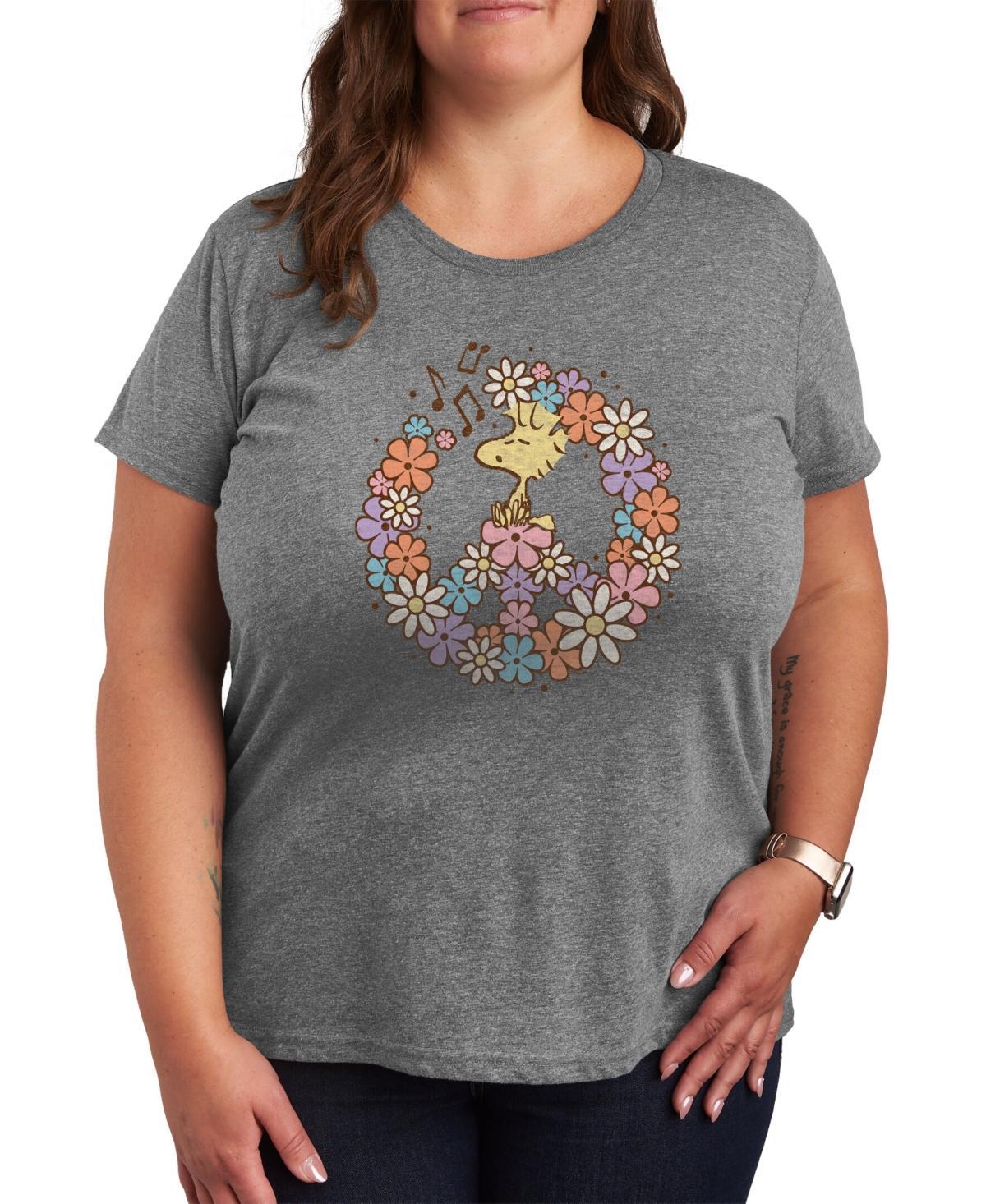 Womens Peanuts Woodstock Floral Peace Sign Graphic Tee Grey Gray Product Image