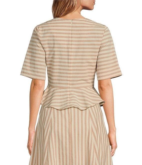 COREY LYNN CALTER Yolanda Woven Stripe Print Round Neck Short Sleeve Coordinating Peplum Top Product Image
