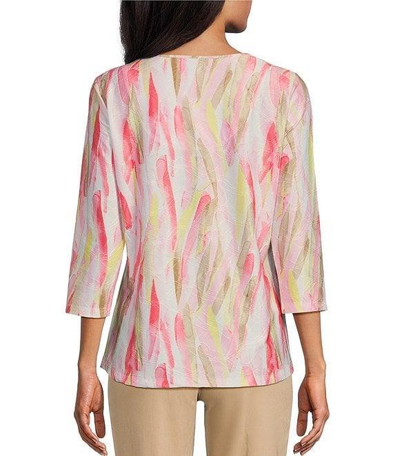 Allison Daley Brushed Fun Stripe Print 3/4 Sleeve Triple Keyhole Neck Knit Top Product Image