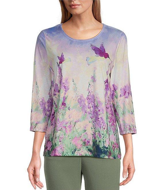 Allison Daley Petite Size Embellished Meadow Floral Print 3/4 Sleeve Crew Neckline Knit Top Product Image