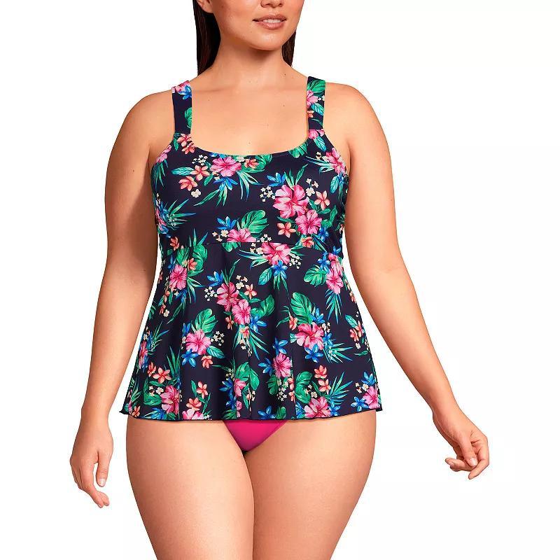 Plus Size Lands End Flutter Empire Waist Comfort Strap Tankini Swimsuit Top, Womens Navy Green Paisley Product Image