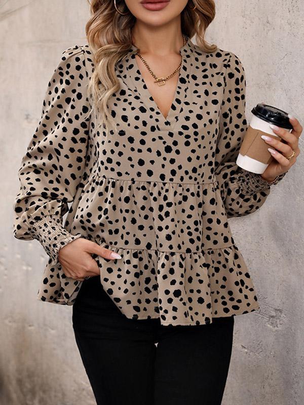 Long Sleeves Loose Elasticity Polka-Dot Split-Joint V-Neck Blouses&Shirts Tops Product Image