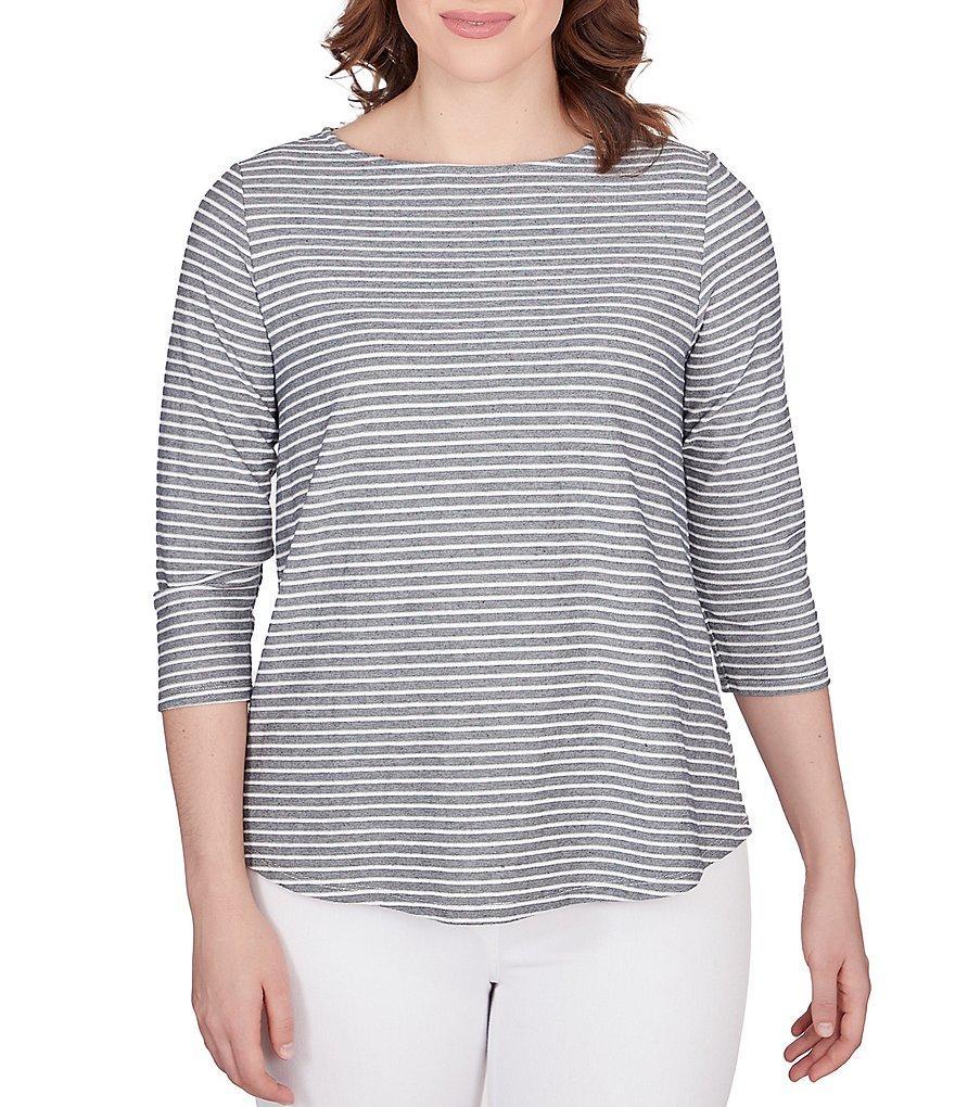 Ruby Rd. Stripe Print Knit Crew Neck 3/4 Sleeve Top Product Image