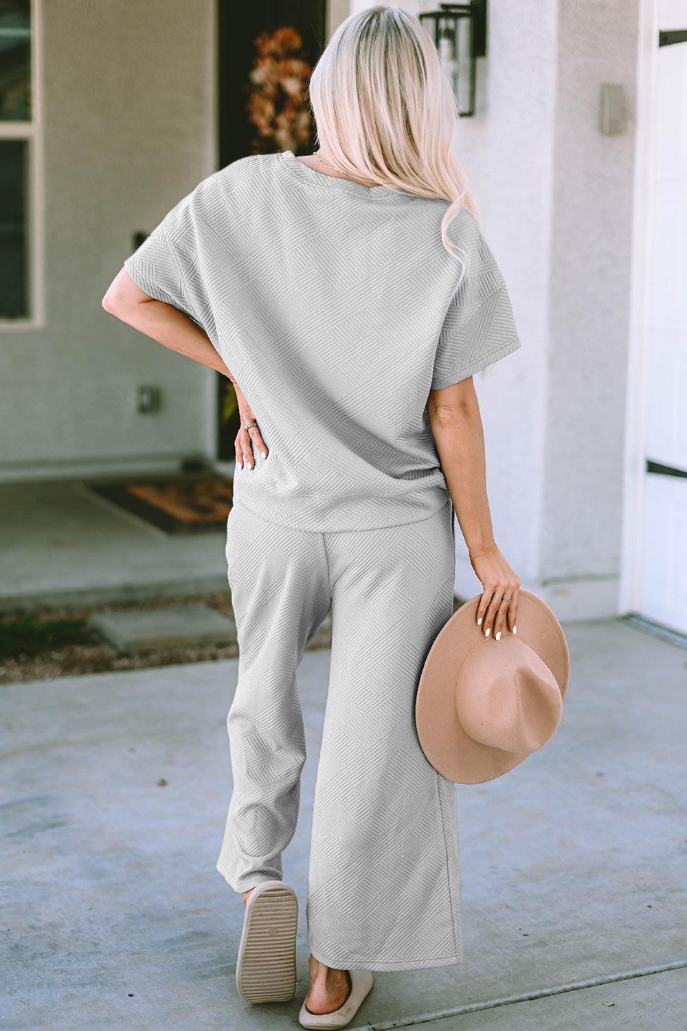 Double Take Full Size Texture Short Sleeve Top and Pants Set Product Image