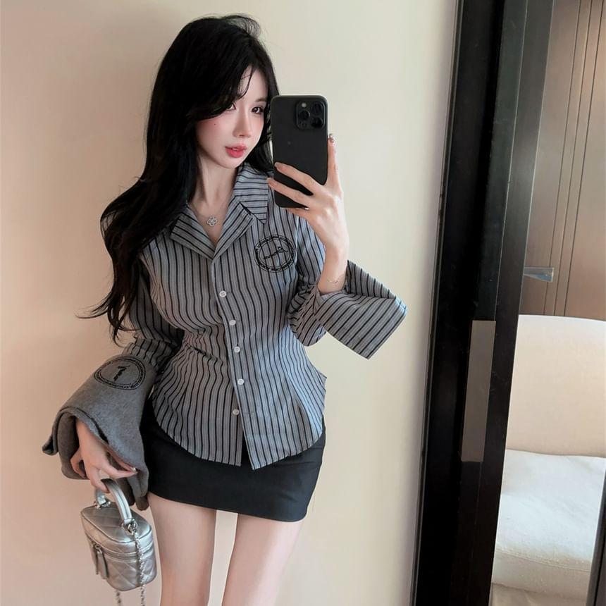 Striped Button-Up Shirt / High Waist Pencil Skirt Product Image