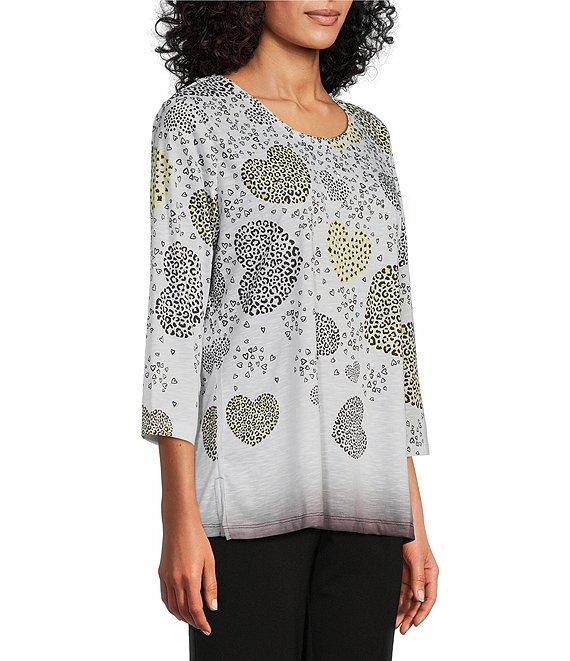 Allison Daley Embellished Cascading Hearts Print 3/4 Sleeve Crew Neckline Knit Top Product Image