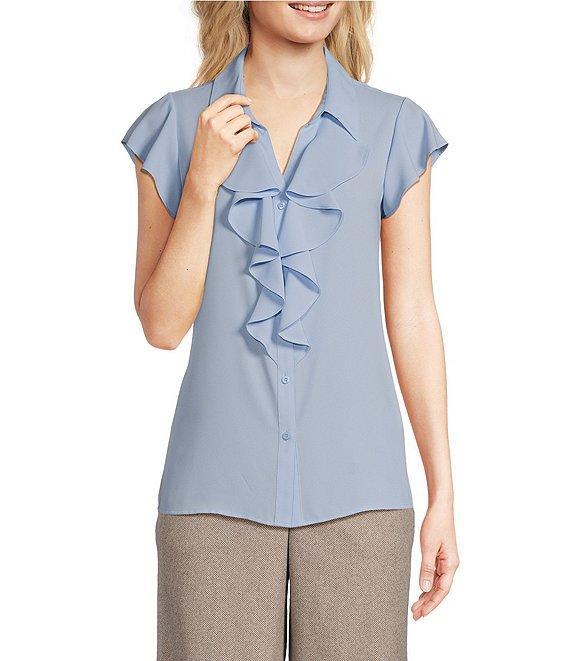 Calvin Klein Georgette Ruffle-Front Point Collar Short Sleeve Top Product Image