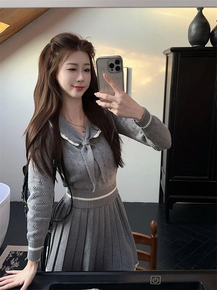 High Rise Plain Lace Trim Pleated Mini A-Line Skirt / Collar Striped Pointelle Knit Sweater / Plaid Shawl Product Image