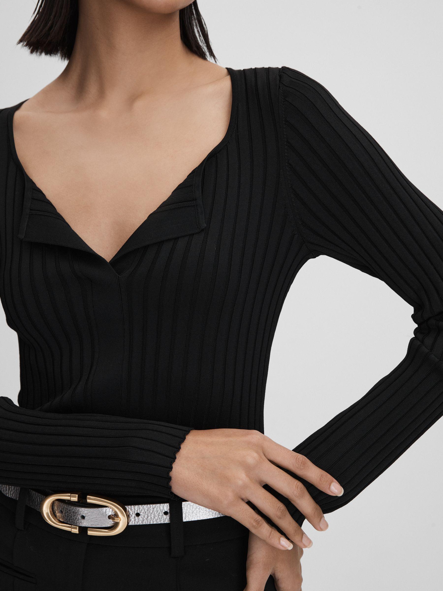 Ribbed Open Collar Top in Black Product Image