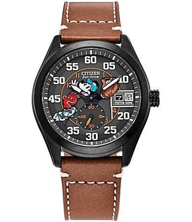 Citizen Mens Disney Collection Batters Up Mickey Two Hand Brown Leather Strap Watch Product Image