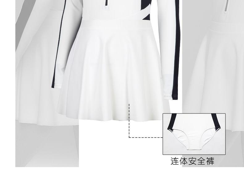 Set: Long-Sleeve Two Tone Swimsuit + Swim Skirt Product Image