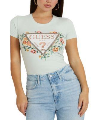 Guess Womens Triangle Floral Logo Embellished T-Shirt Product Image