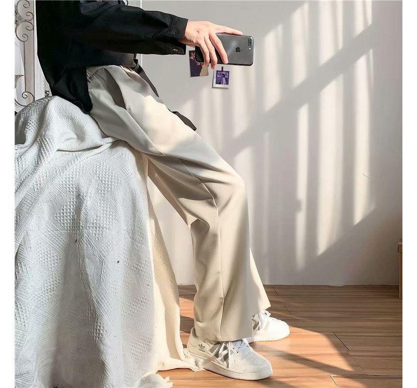 Mid Rise Plain Straight Leg Dress Pants Product Image