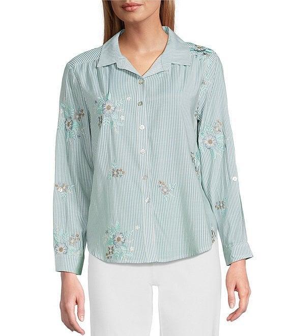 Multiples Petite Size Slub Crinkle Embroidered Stripe Point Collar Long Roll-Tab Sleeve Button Front Shirt Product Image