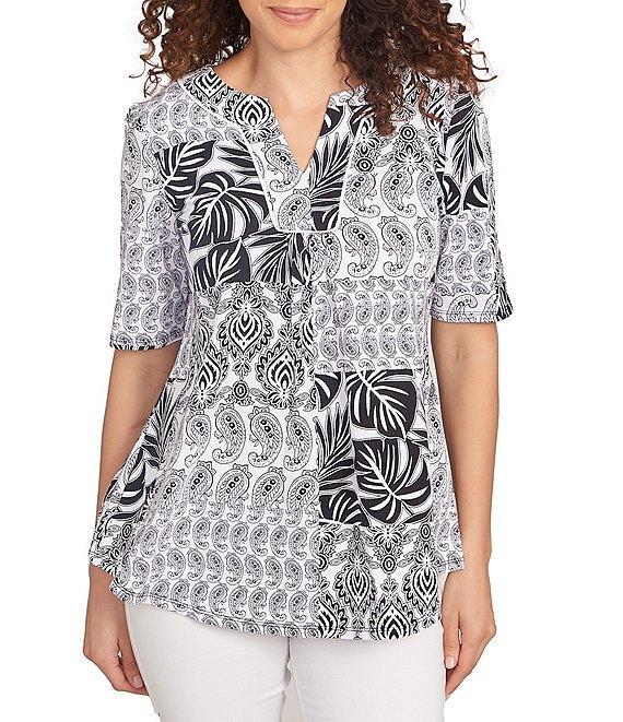 Ruby Rd. Knit Patchwork Split V-Neck Short Sleeve Top Product Image