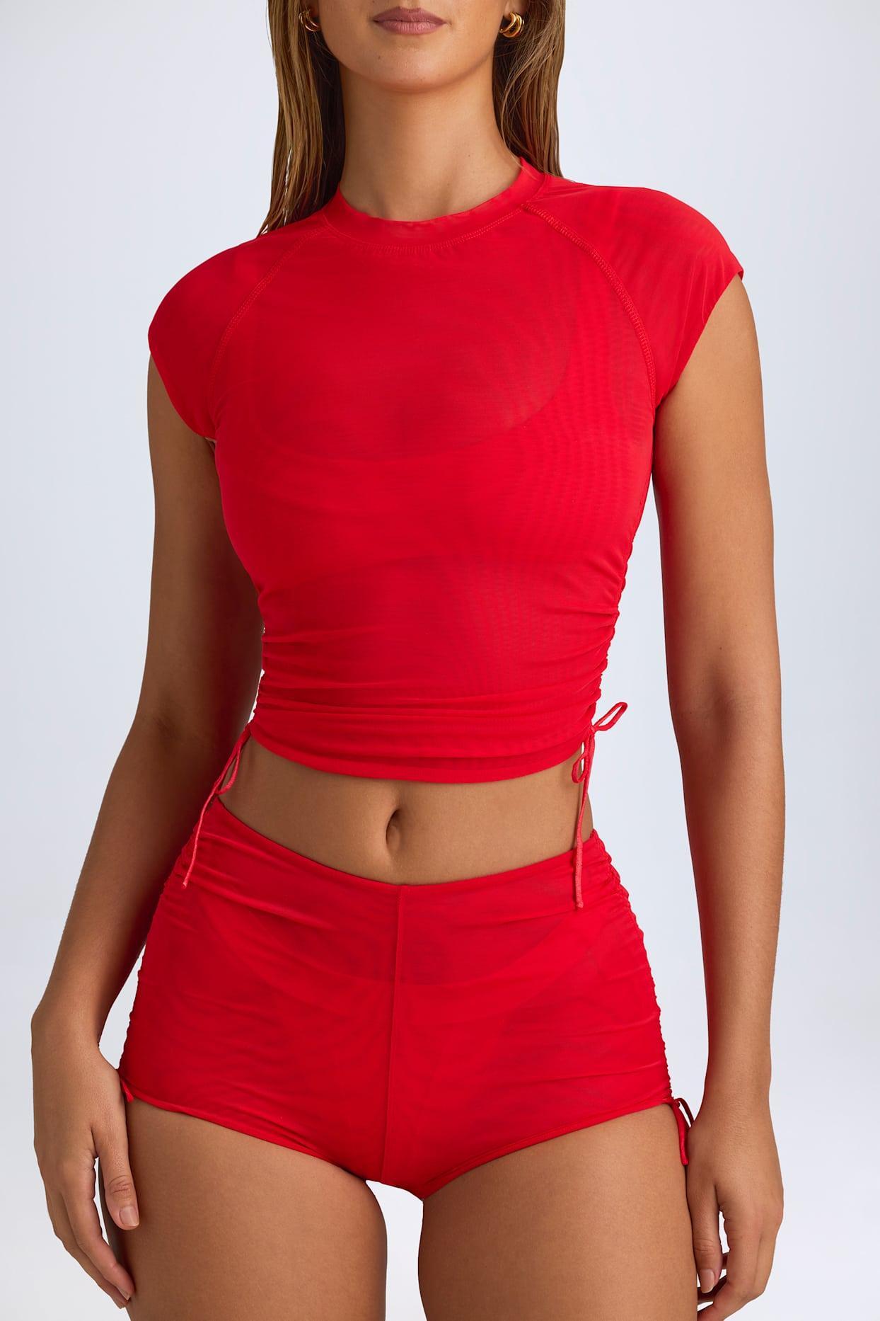 Sheer Ruched Mini Shorts in Fiery Red Female Product Image