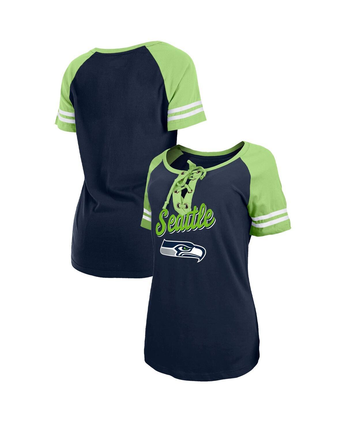 Womens New Era College /Neon Green Seattle Seahawks Lightweight Lace-Up Raglan T-Shirt Blue Product Image