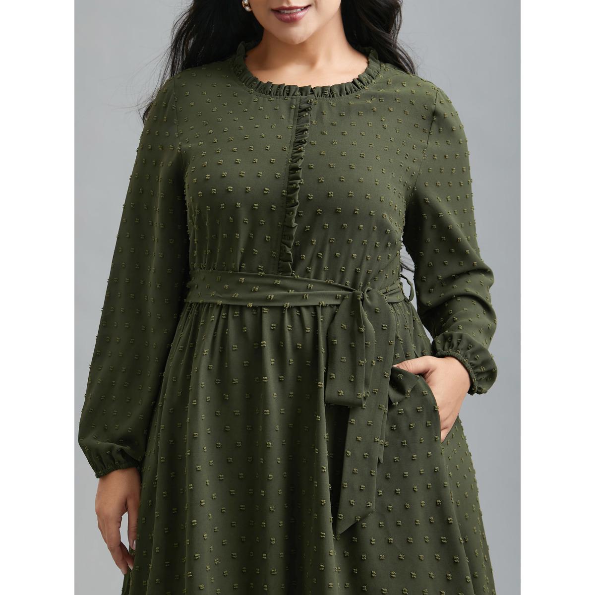 Plus Size Textured Waist-Tie Ruffled Edges Dress ArmyGreen Women Elegant Texture Round Neck Long Sleeve Curvy BloomChic 22-24/3X Product Image