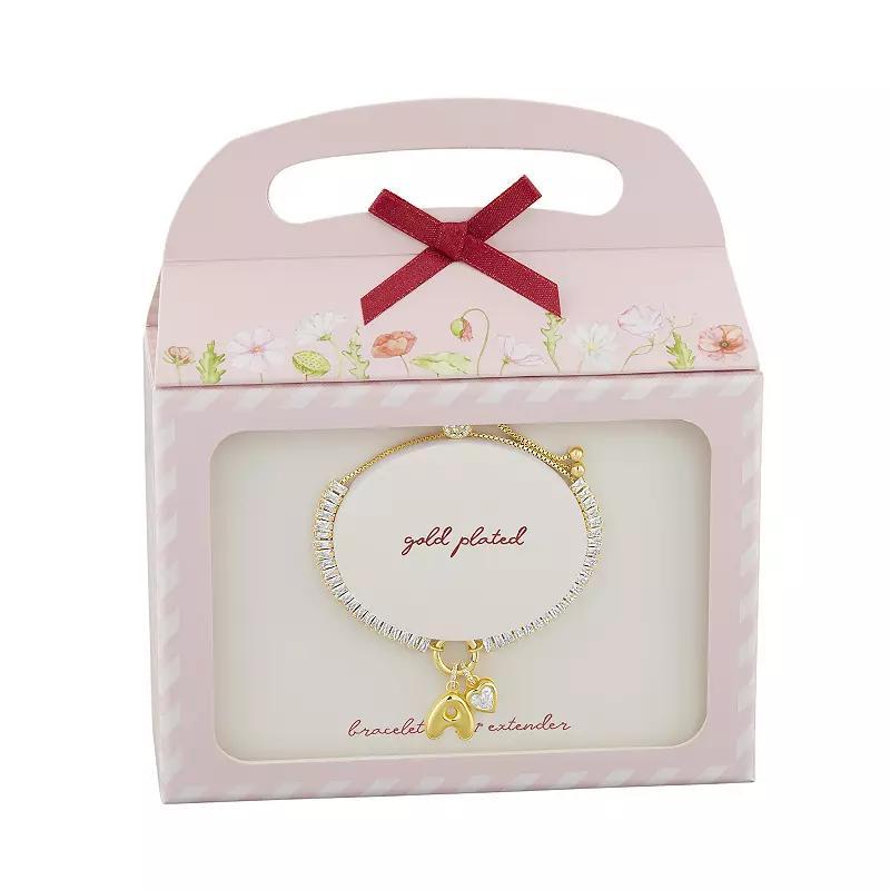 Brilliance Silver Plated Cubic Zirconia Heart Charm & Bubble Initial Charm Bracelet, Women's, Size: 4-10" ADJ, Gold Tone A Product Image