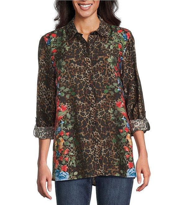 John Mark Petite Size Animal Skin Floral Multi Print Point Collar Long Roll-Tab Sleeve Button Front Tunic Product Image