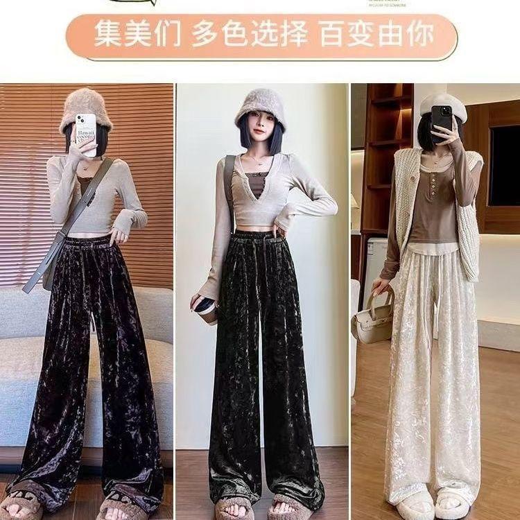 Drawstring Waist Tie Dye Velvet Wide Leg Pants Product Image