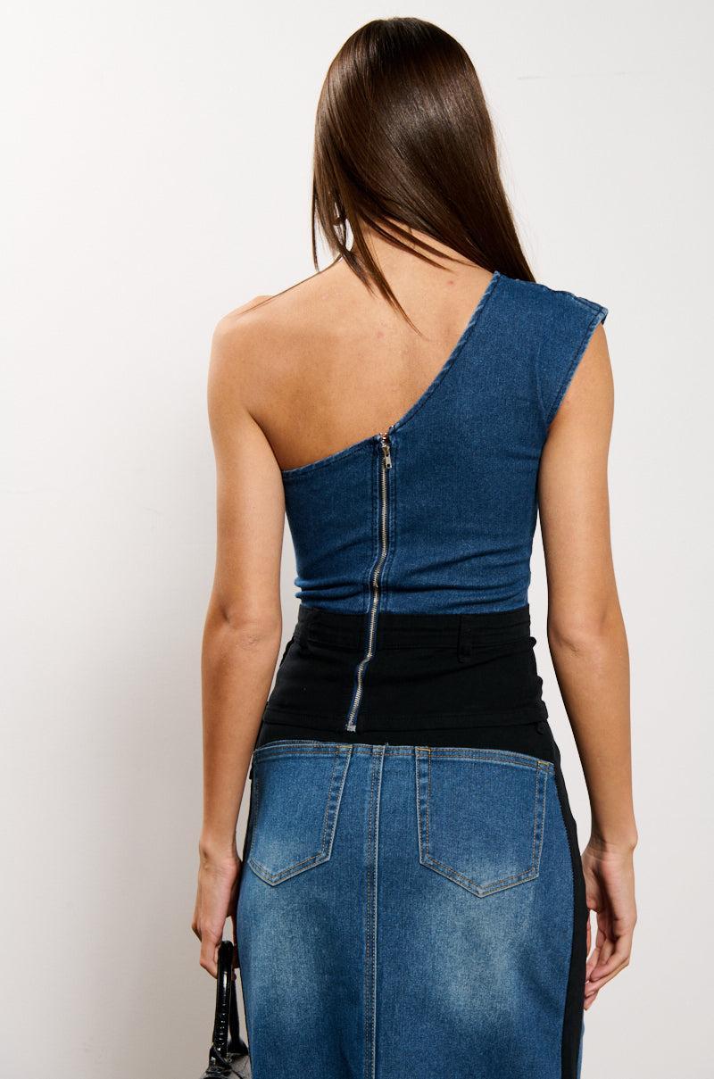 LET IT HAPPEN DENIM ONE SHOULDER TOP Product Image