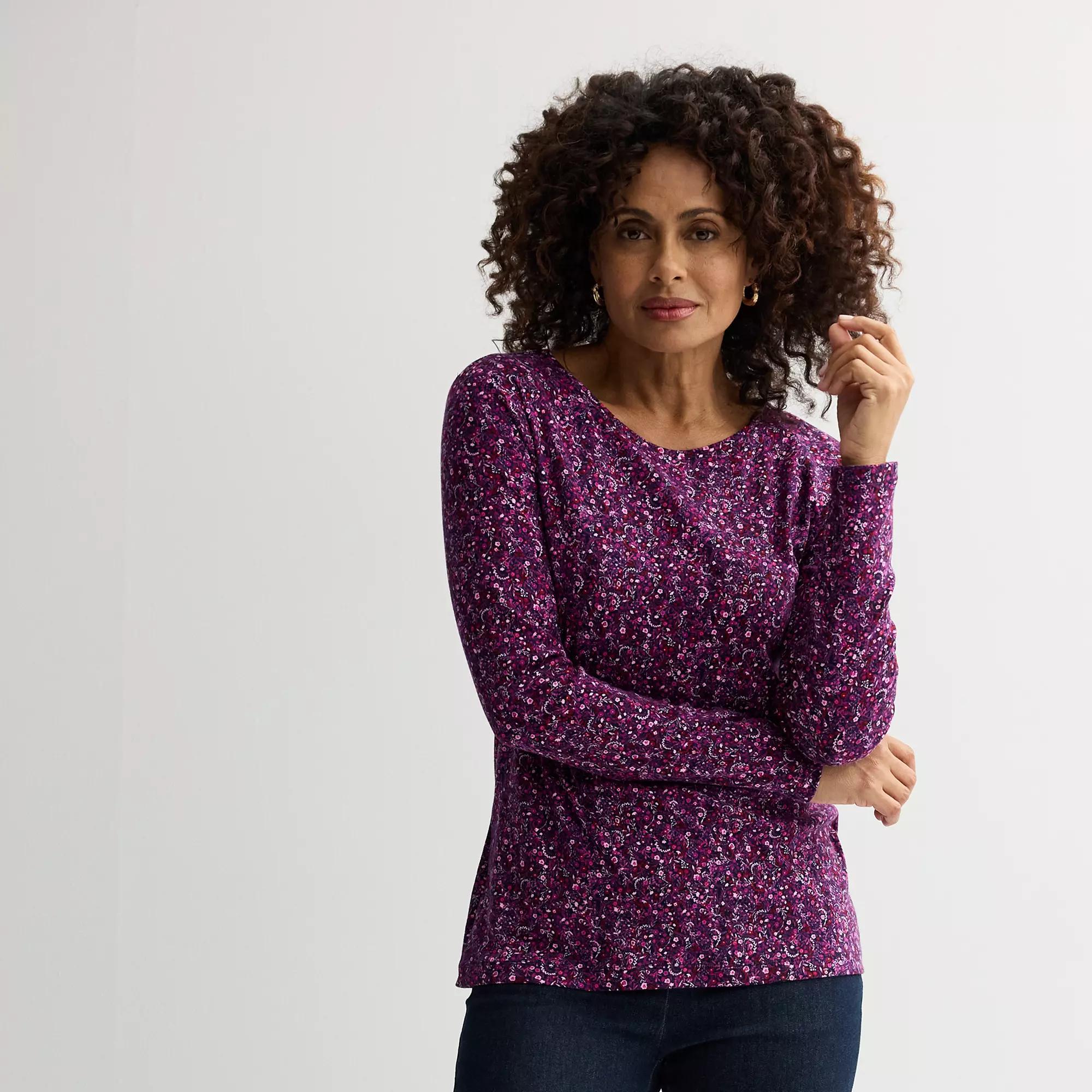 Petite Croft & Barrow® Crewneck Long-Sleeve Tee, Women's, Size: Medium Petite, Red Pink Tiny Blooms Product Image