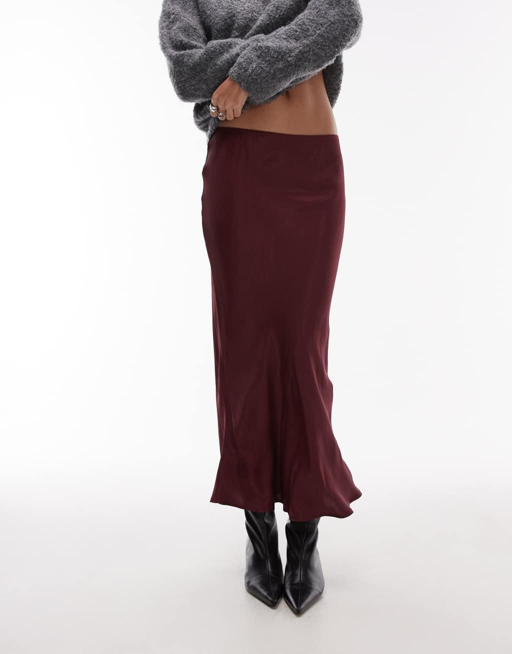 Topshop satin bias midi skirt in burgundy Product Image
