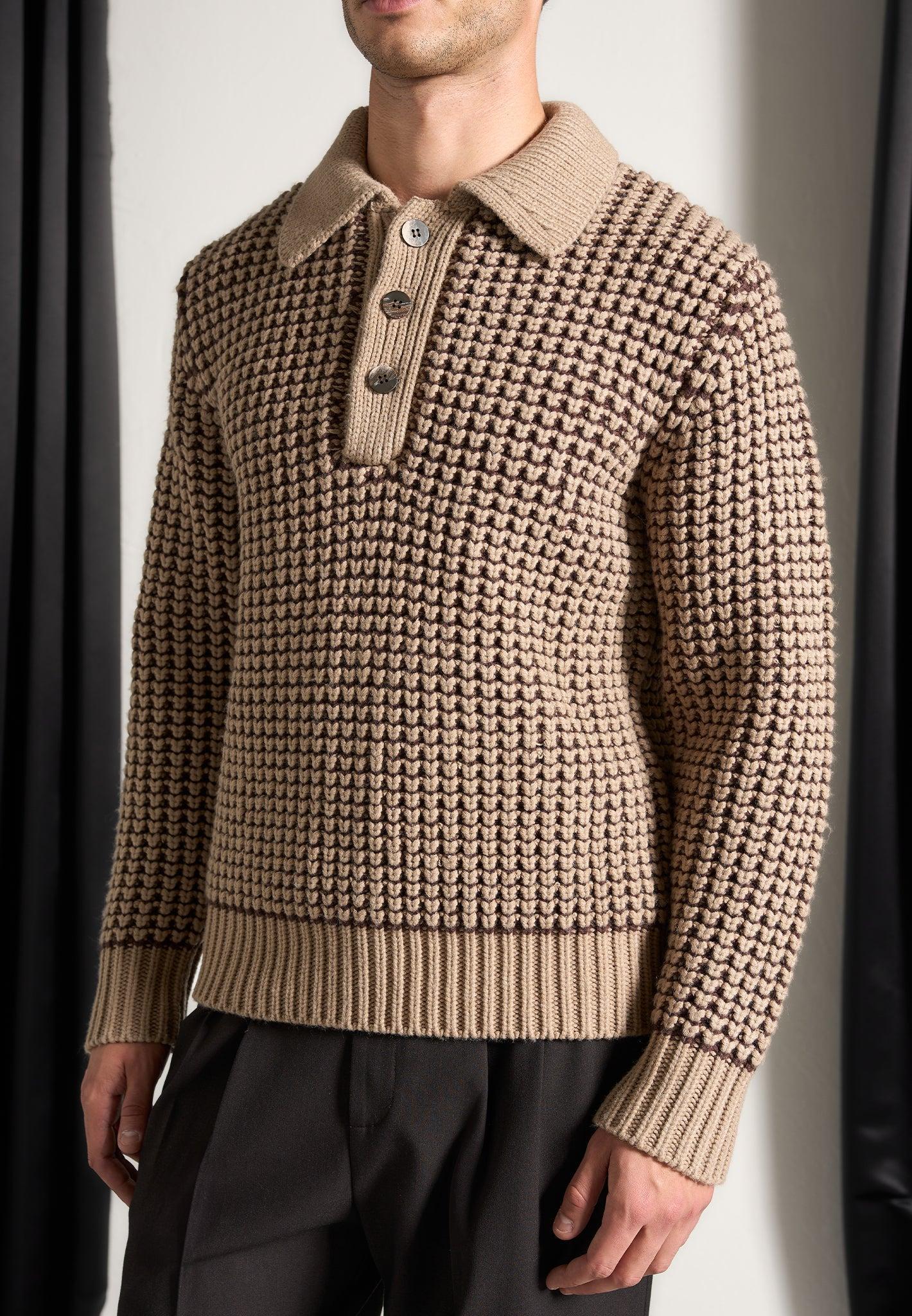 Textured Wool Knit Polo Jumper - Taupe Male Product Image