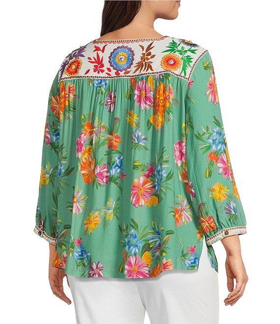 John Mark Plus Size Embroidered Floral Print Square Neck 3/4 Sleeve Peasant Top Product Image