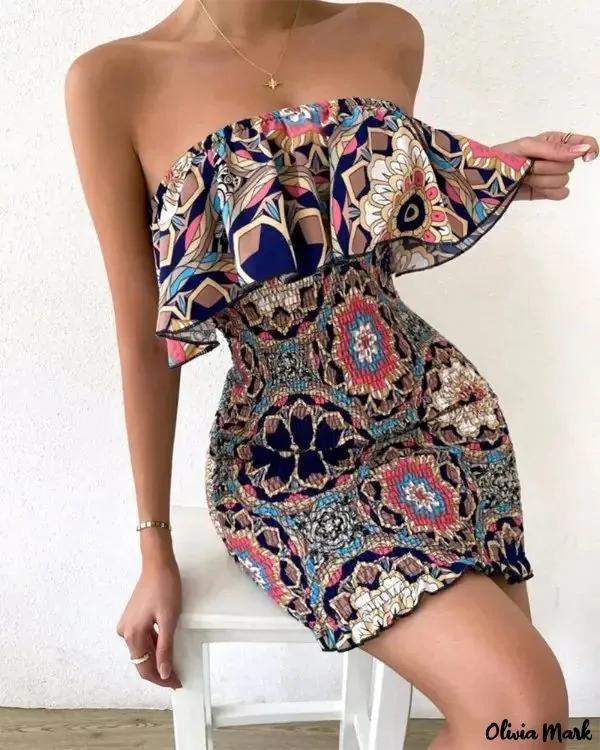 Olivia Mark – Tribal Print Ruched Bodycon Tube Dress With Ruffle Hem Product Image