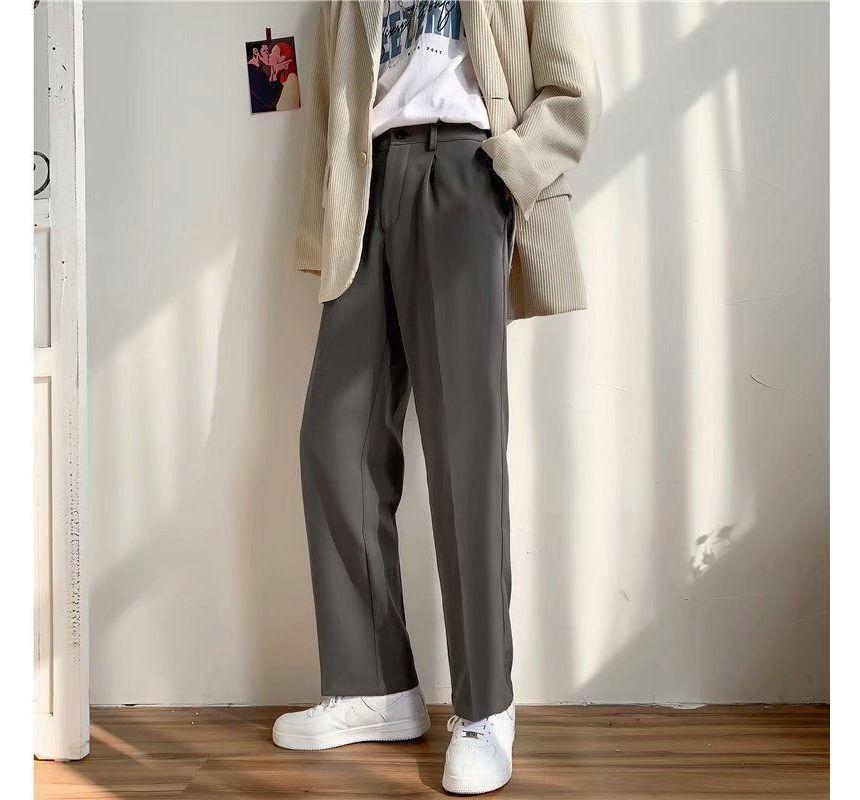 Mid Rise Plain Straight Leg Dress Pants Product Image