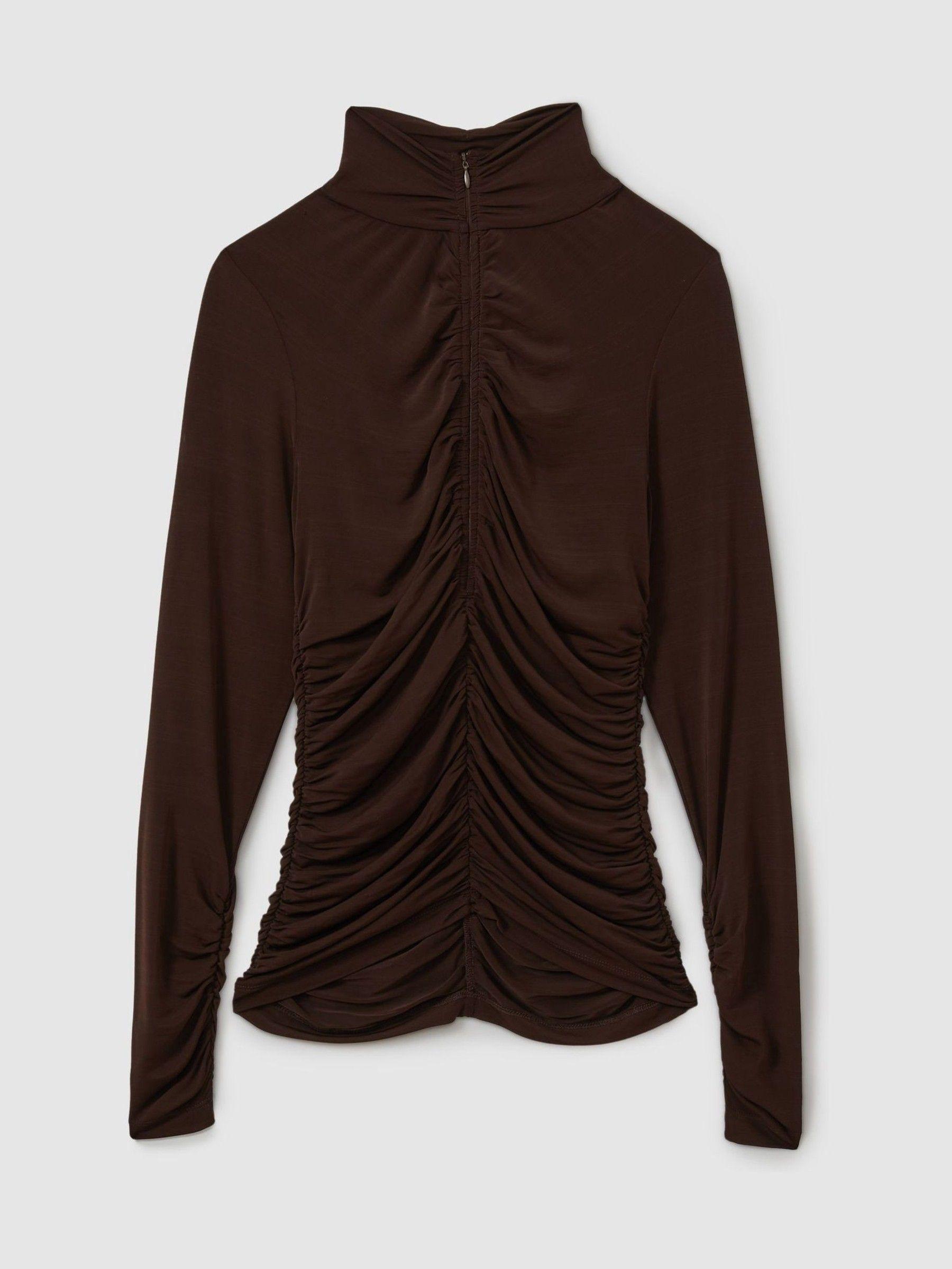 Ruched High-Neck Jersey Top in Chocolate Product Image