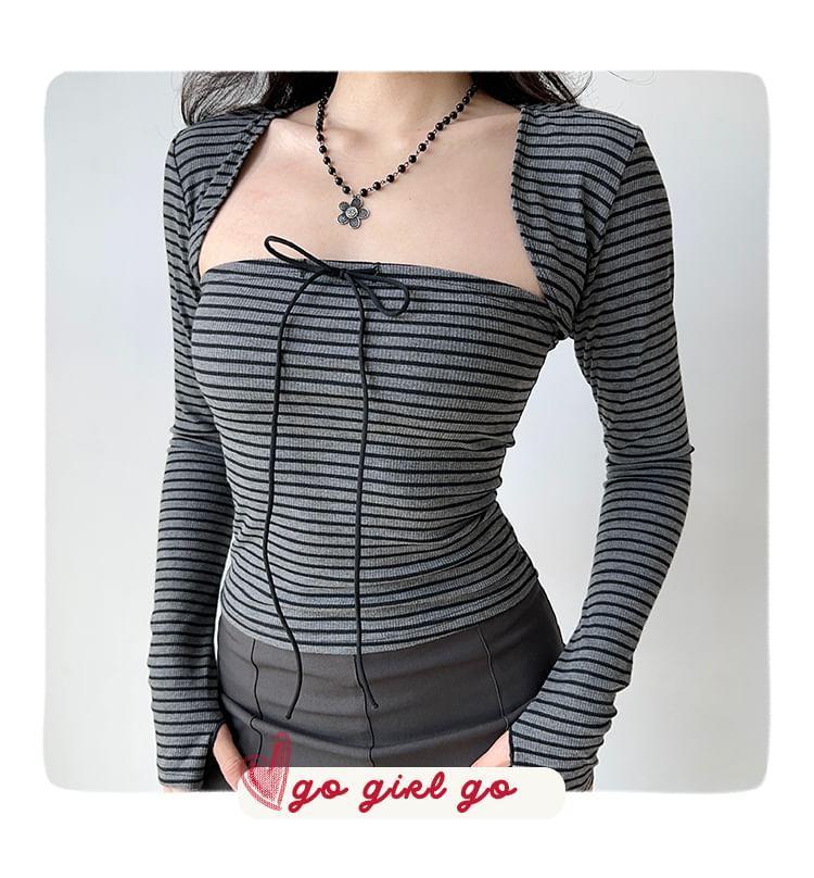 Set: Long-Sleeve Striped Shrug + Tube Top Product Image