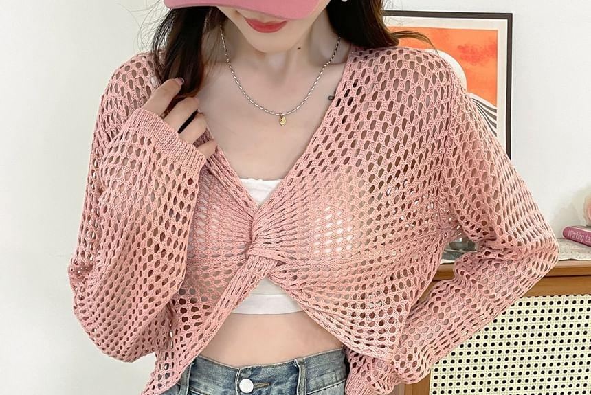 Long-Sleeve V-Neck Plain Perforated Knot Crop Knit Top Product Image