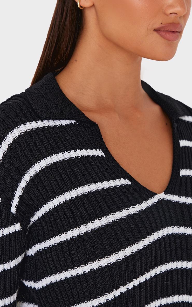  Monochrome Stripe Rib Knit V Neck Cropped Polo Product Image