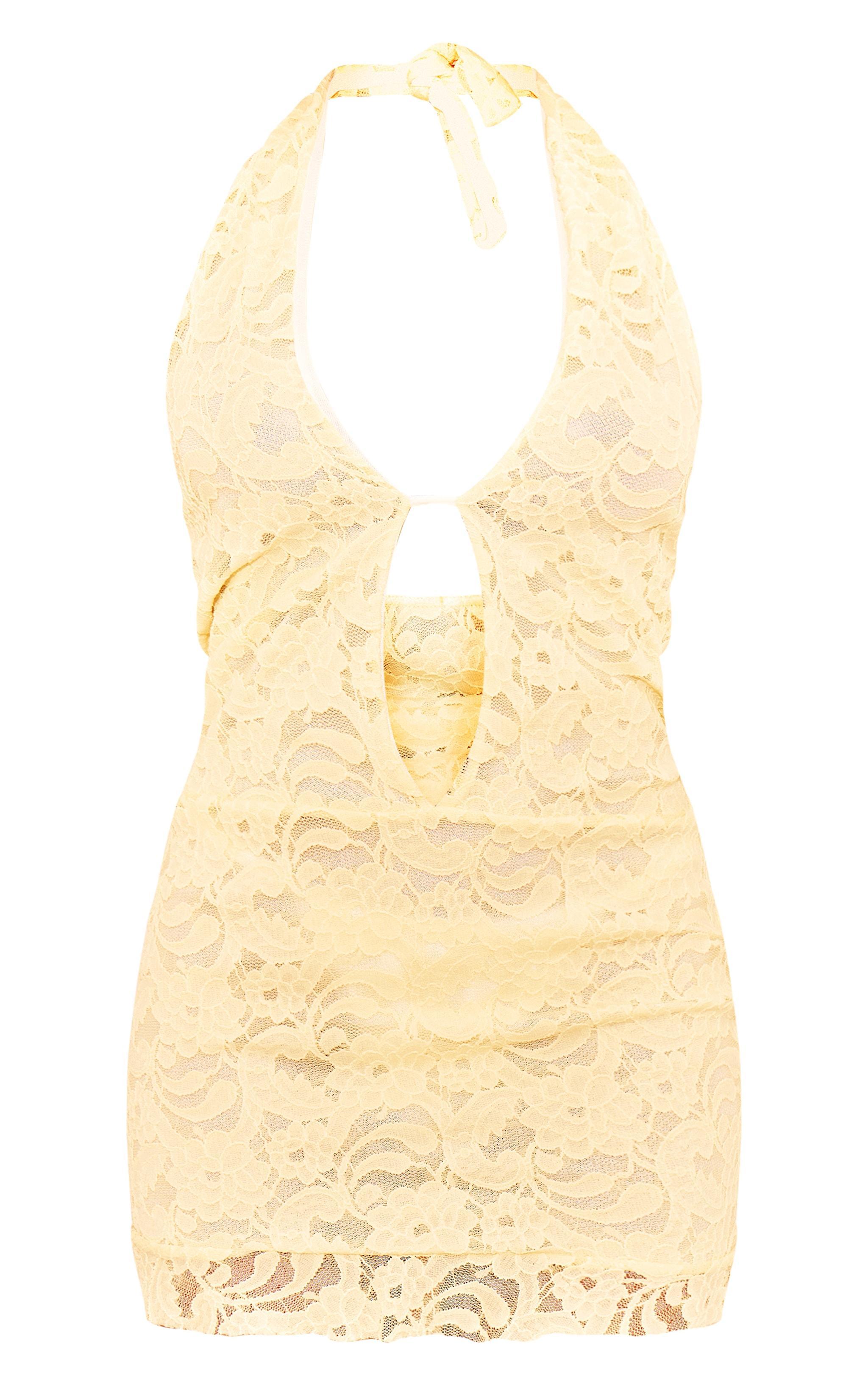 Yellow Lace Plunge Halterneck Mini Dress Product Image