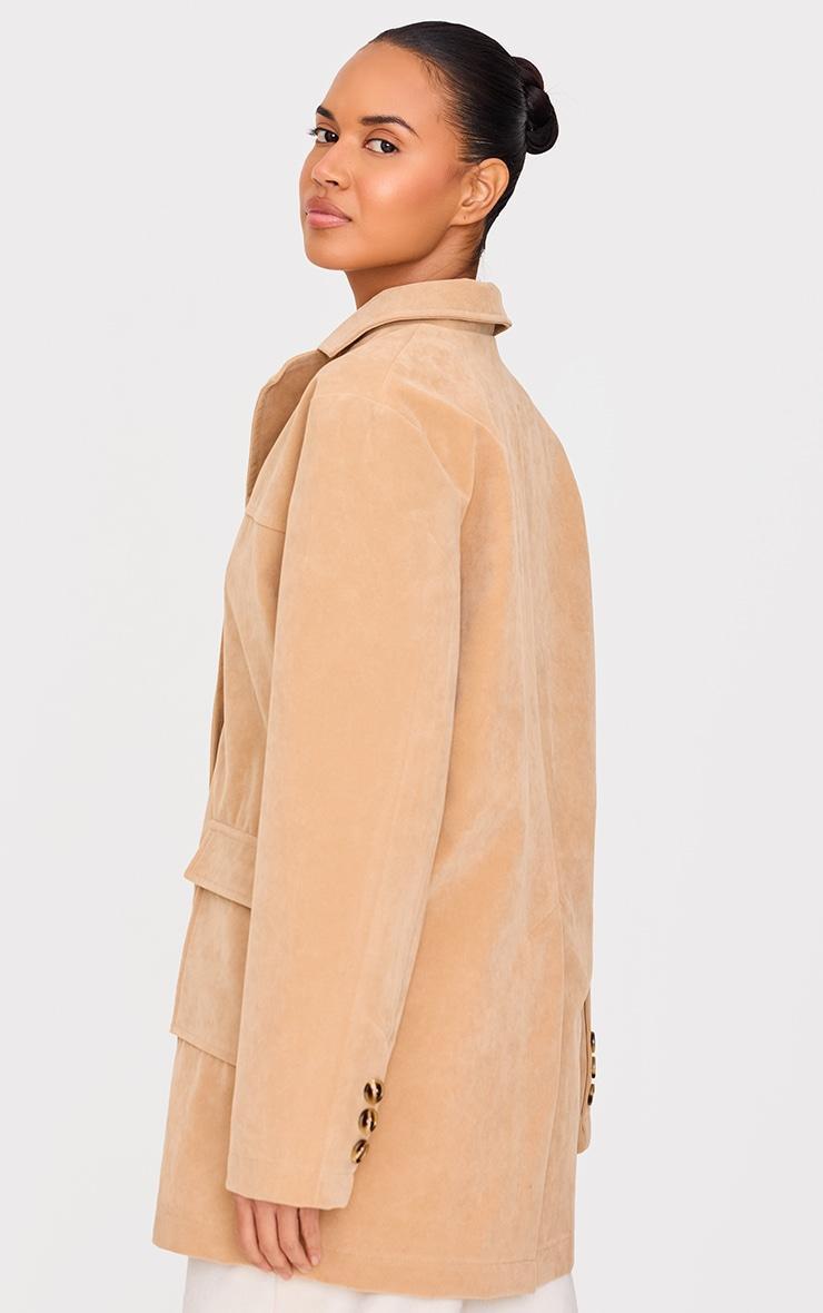 Beige Oversized Longline Faux Suede Blazer Coat Product Image