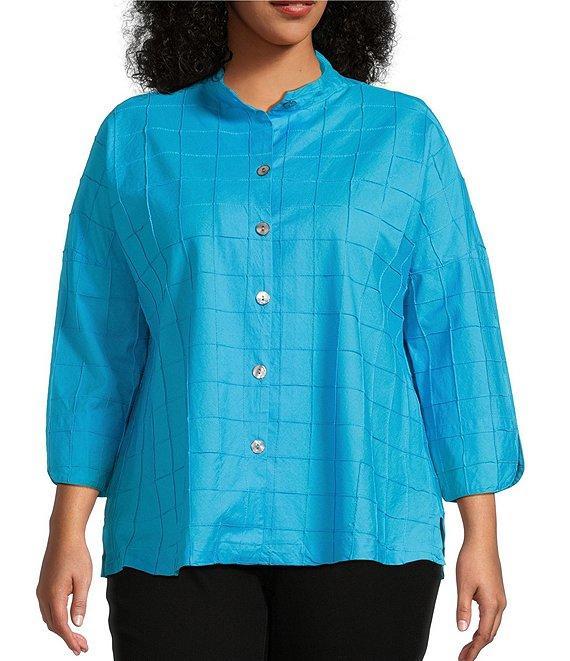 Ali Miles Plus Size Solid Allover Textured Square Pattern Soft Point Collar 3/4 Sleeve Button Front Tunic Product Image