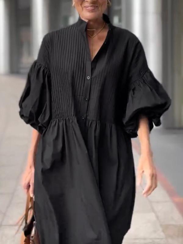 Half Sleeves Loose Buttoned Pleated Solid Color Tied Waist Stand Collar Maxi Dresses Product Image