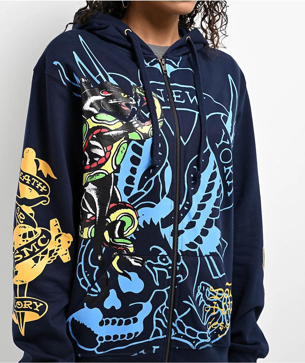 Ed Hardy Panther Bulldog Navy Zip Hoodie Product Image