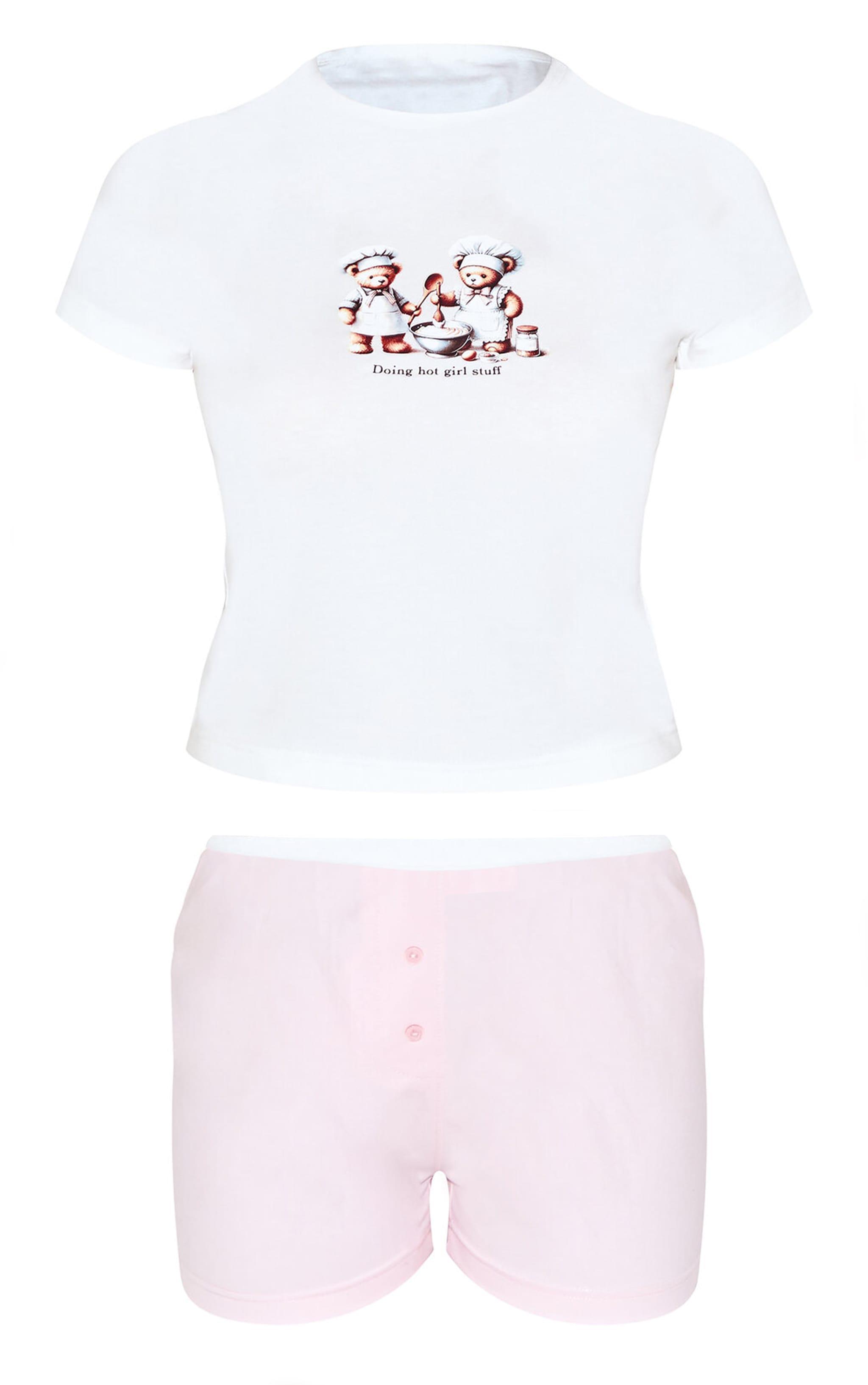 Cream Teddy Print Boxer Short PJ Set Product Image