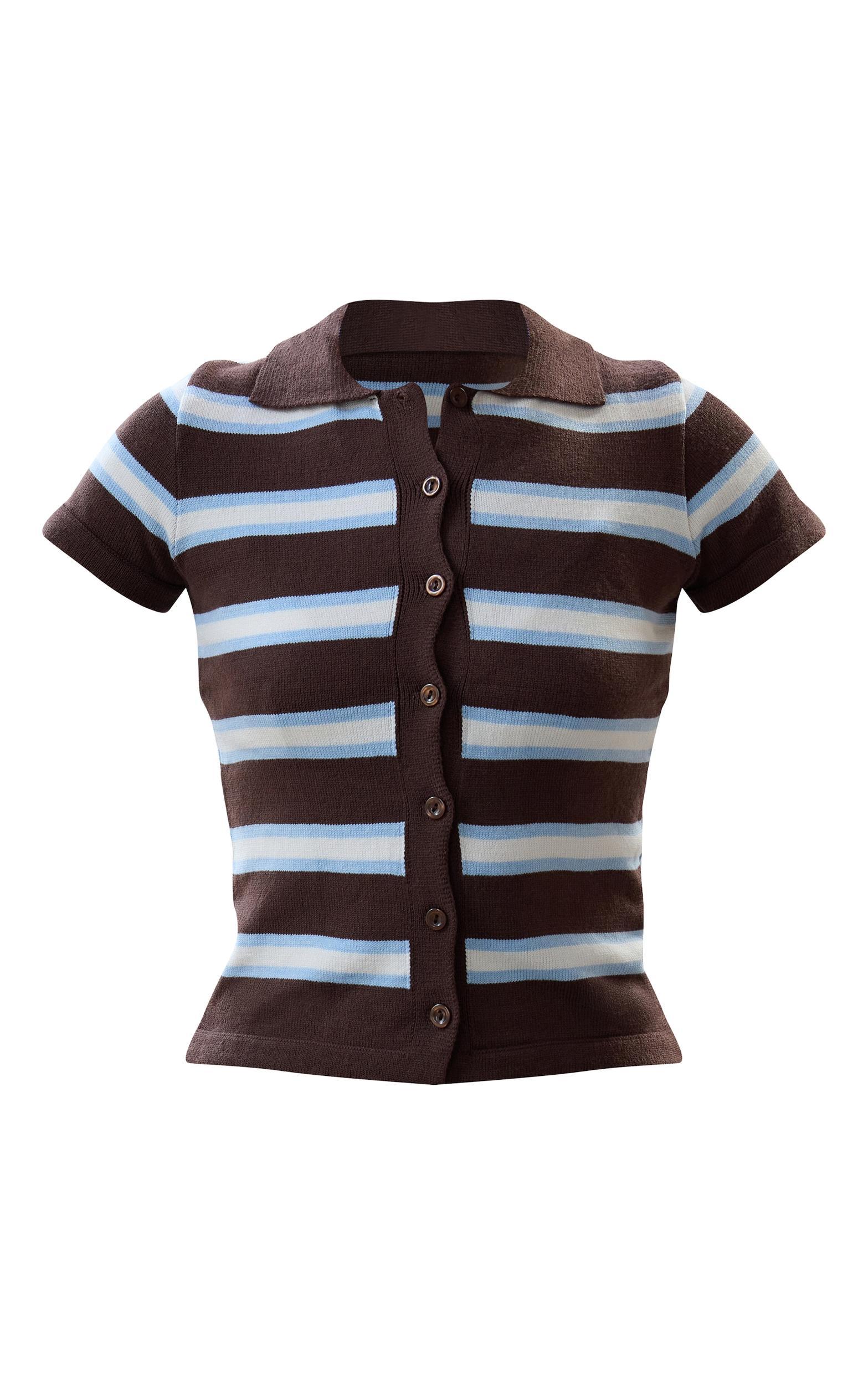 Brown Stripe Knit Polo Top Product Image
