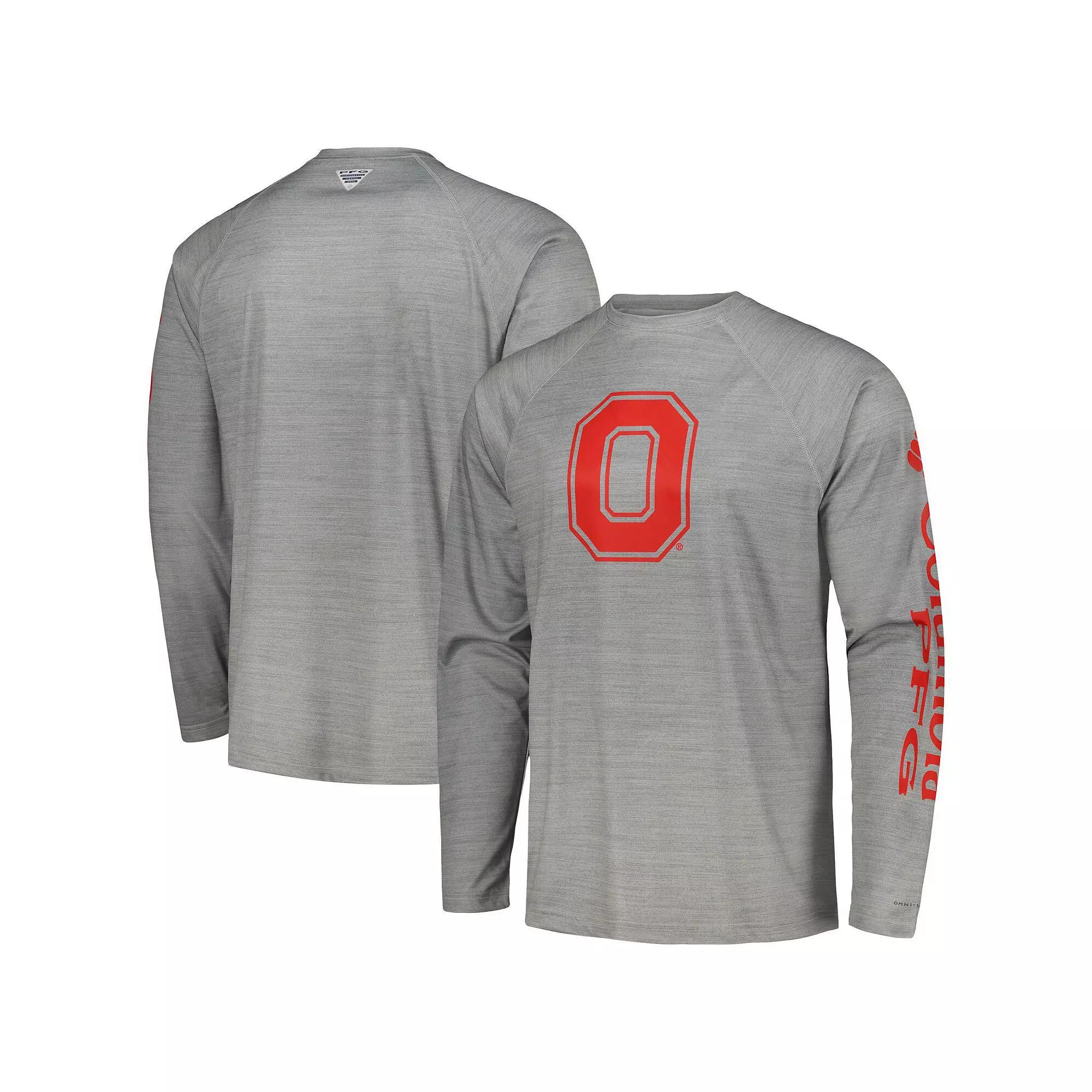 Men's Columbia Gray Ohio State Buckeyes PFG Terminal Tackle Omni-Shade Raglan Long Sleeve T-Shirt,  Product Image