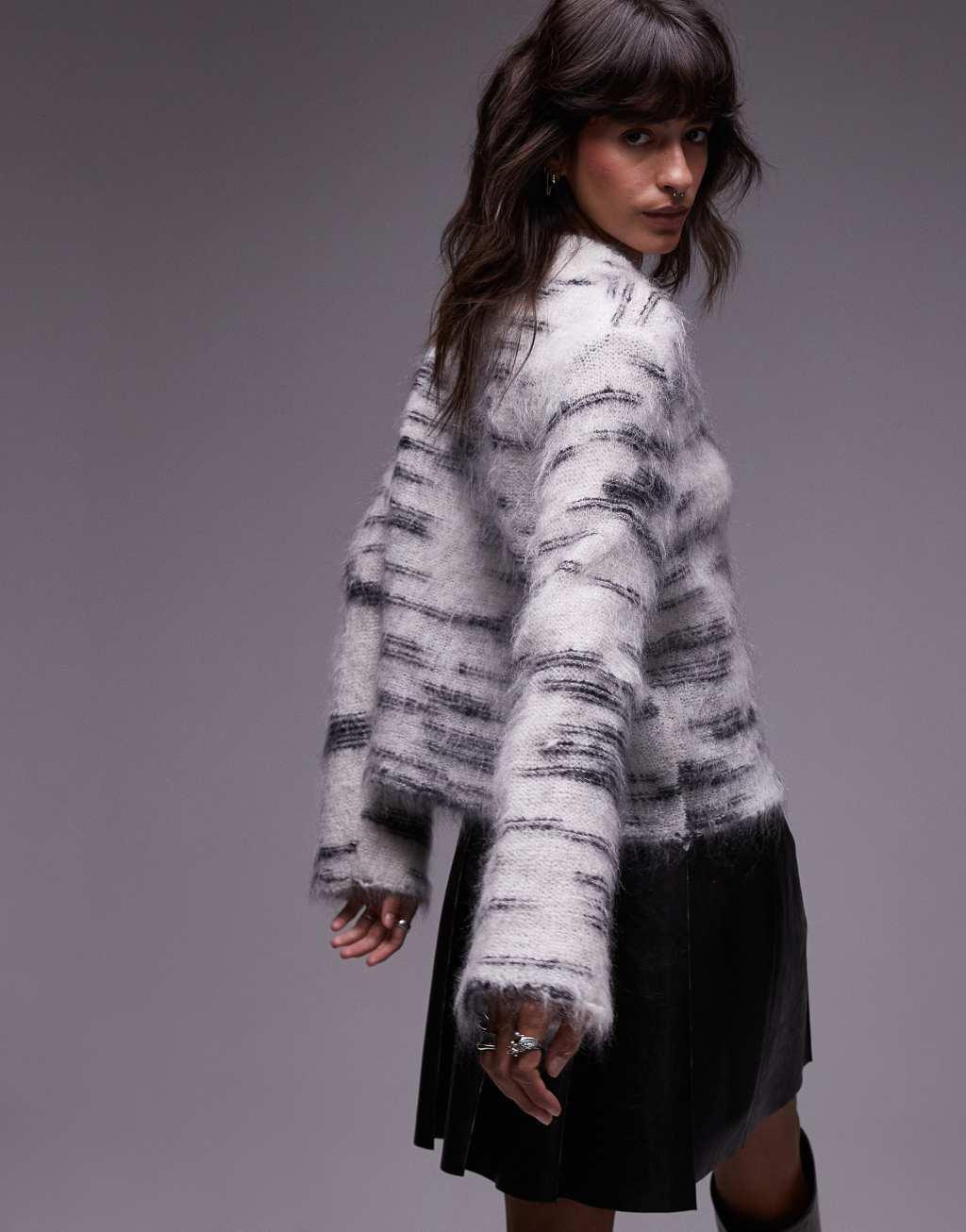 Topshop knitted premium mohair v-neck sweater in mono Product Image