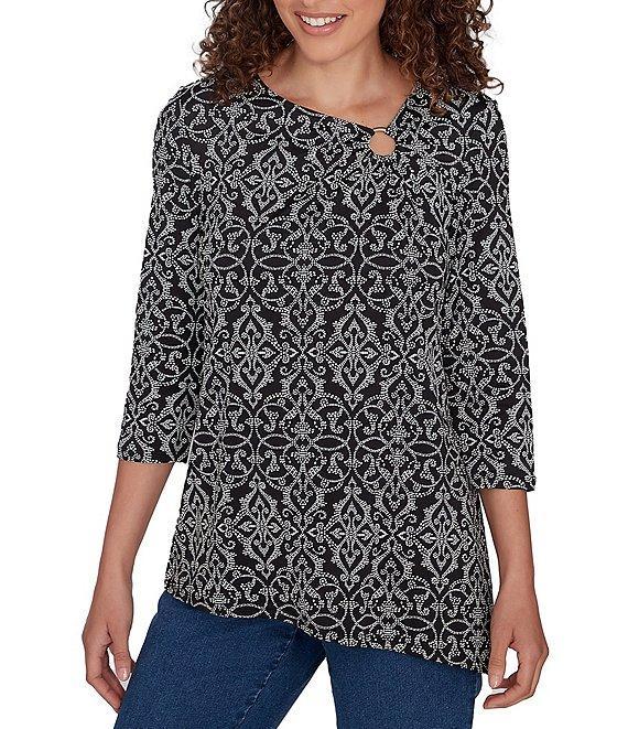 Ruby Rd. Medallion Knit Asymmetric Neck 3/4 Sleeve Top Product Image